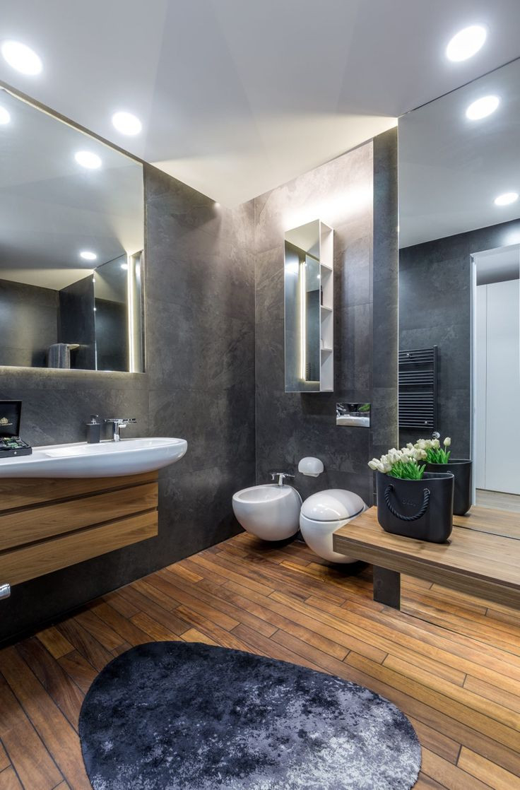 Gray Bathroom Decor With Anthracite Wood Flooring within Badezimmer Anthrazit