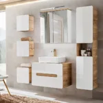 Lomadox Badezimmer Komplett-Set Hochglanz Weiß, Wotan Eiche Nb for Komplett Badezimmer